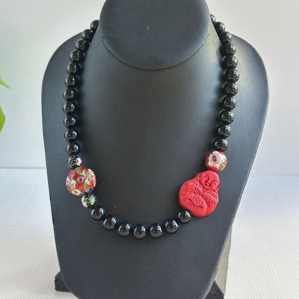 Cinnabar Buddha Pendant, Onyx Beads, Cloisonné, 925 Sterling Clasp